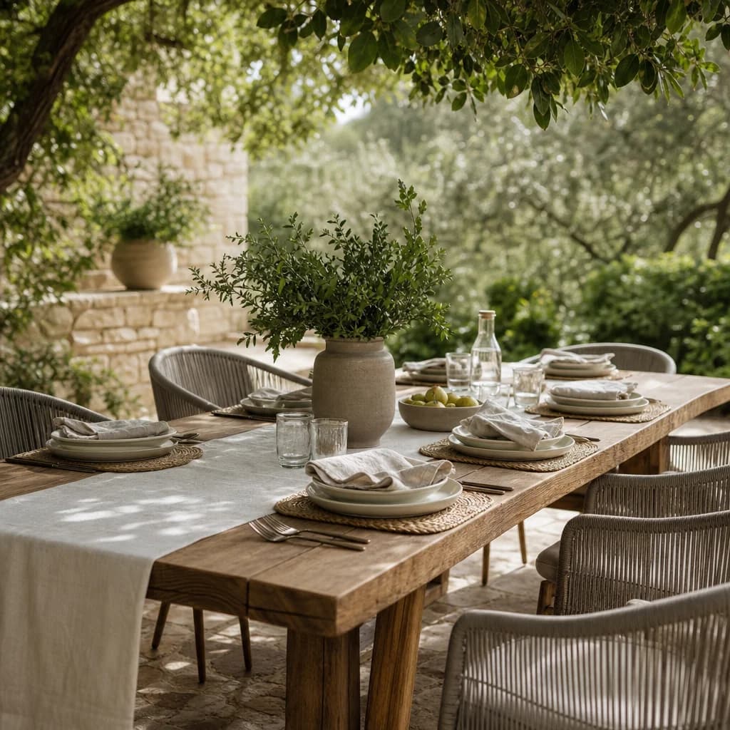 An outdoor dining table laid for lunch on a garden terrace